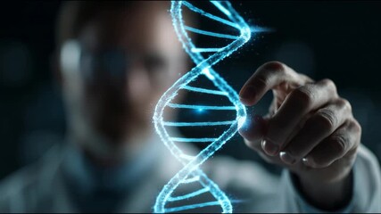 Male scientist in a lab coat analyzing a futuristic, glowing blue dna molecule hologram - Powered by Adobe