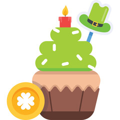 Green Icing Cupcake With Red Candle And Shamrock Hat Decoration And Gold Coin With Shamrock Design Festive St Patricks Day Celebration Treat