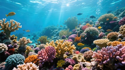 Fototapeta premium Colorful corals bloom in clear seawater, presenting the gorgeous and vibrant beauty of the underwater ecological landscape.