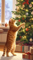Playful orange tabby cat batting at shiny ornaments cozy living room pet photography festive atmosphere curiosity and joy