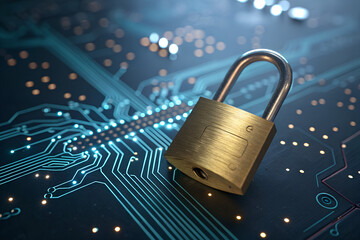 Digital security concept: padlock resting on a glowing circuit board