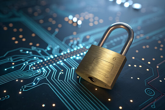 Digital security concept: padlock resting on a glowing circuit board