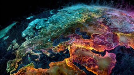 a vibrant digital representation of earth showcasing interconnected networks and colorful landmasses symbolizing global connectivity and technology