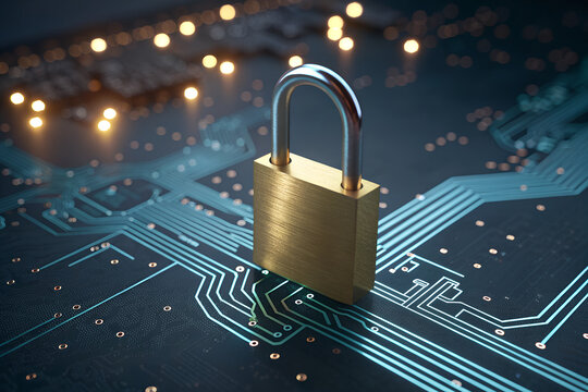 Digital security padlock on glowing circuit board, data protection concept