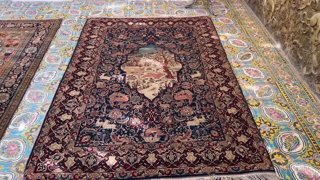wonderful Persian carpet with colorful vivid mosaic design the handmade texture of silk oriental pattern bazaar Shiraz Samarkand traditional craft textile industry tourism cultural heritage workshop