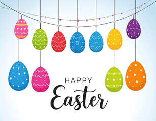 Colorful Easter eggs hanging, festive message, on a light blue background