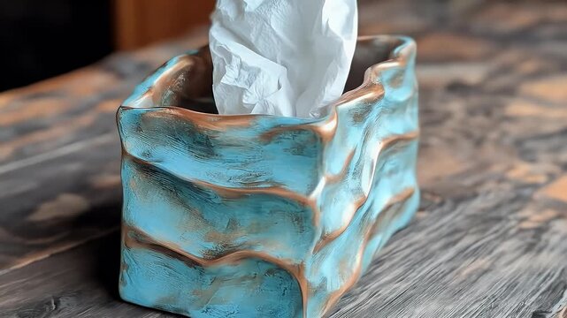Tissue box on wood table.