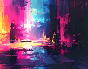 A vibrant, abstract digital art piece showcasing a futuristic cityscape with neon hues. Blocks form a tunnel-like space