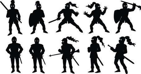 Medieval warrior silhouette, black fighter icon, sword shield pose, battle stance vector, glowing eyes design, cad drawing flat vector illustration