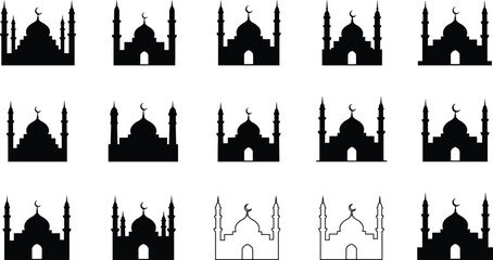 Mosque icon vector set, Islamic architecture silhouette, crescent dome design, religious building symbols, outline and filled glyphs, cultural illustration
