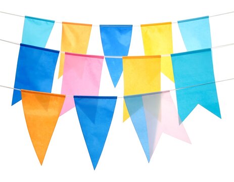 Colorful triangular flags strung across a white background - Powered by Adobe
