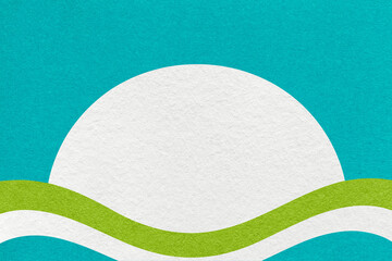 Turquoise textured paper background with white circle for copy space and green waves for banner,...