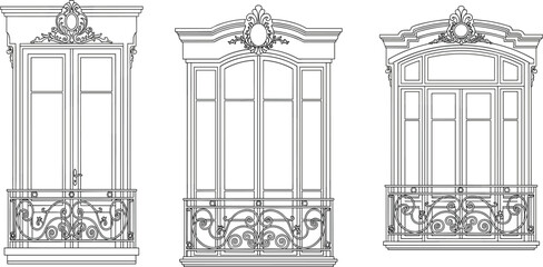 Ornate balcony window, architectural facade, wrought iron railing, decorative molding, pediment design, line drawing, classical style, vector illustration