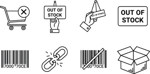 out of stock icons, inventory status vector, supply chain symbols, barcode alert graphics, flat design signs, e-commerce availability illustration