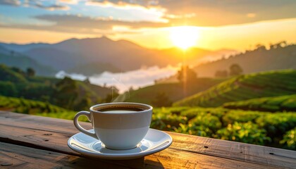 Morning Coffee Bliss - A Serene Landscape Escape with Fresh Brew.