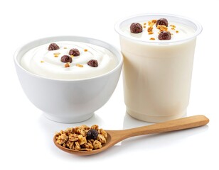 Creamy dairy dessert in a bowl and cup, with cereal and wooden spoon