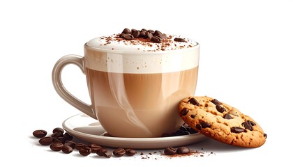 Creamy coffee beverage with chocolate chips and a cookie
