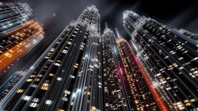 Nighttime cityscape featuring luminous light trails streaming past sleek skyscrapers, showcasing metropolitan dynamism with electric urban brilliance