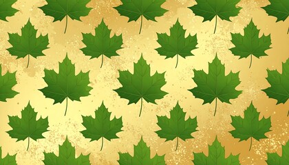 Green Maple Leaves on Gold Background - A Seamless Pattern Design.