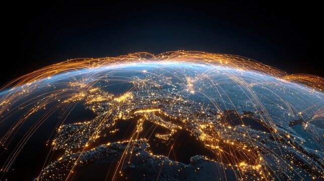 a digital representation of earth showcasing glowing data lines and city lights illustrating technology and global connectivity