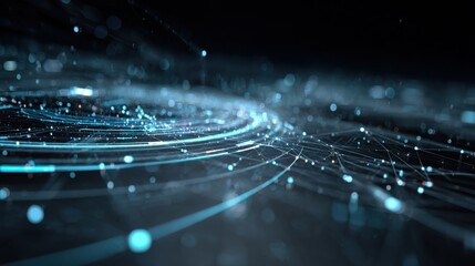 the text describes a futuristic digital network with glowing blue nodes thin lines circular tech patterns and geometric rings accompanied by a neon cyber grid and hightech data visualization