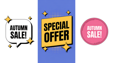Autumn Sale And Special Offer Speech Bubble And Round Sticker Designs With Stars graphic “3D Sale and Offer Labels Collection – Promotional Speech Bubbles & Ribbon Badges”