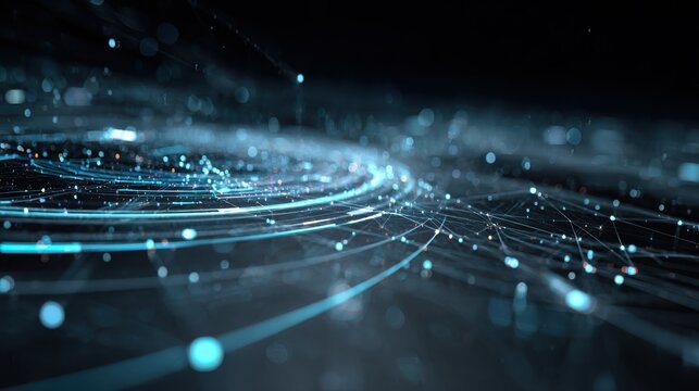 the text describes a futuristic digital network with glowing blue nodes thin lines circular tech patterns and geometric rings accompanied by a neon cyber grid and hightech data visualization - Powered by Adobe