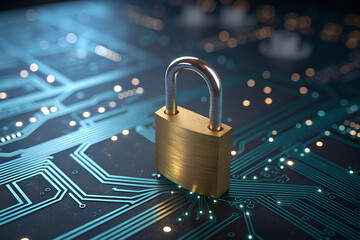 Digital padlock on circuit board symbolizing technology and data security protection