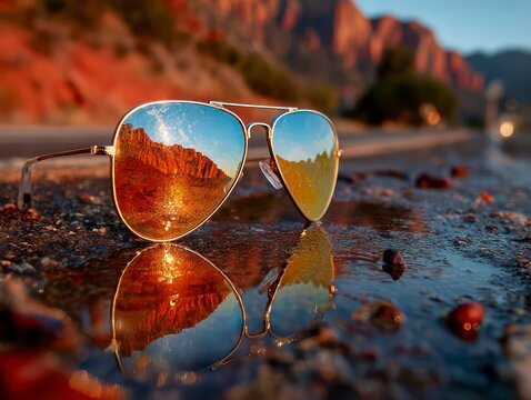 Reflection of mountains in sunglasses on the ground - Mirrored Aviator Sunglasses Reflecting an Orange Desert Landscape at Sunset on a Wet Road - Powered by Adobe
