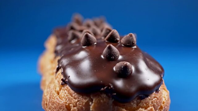 Chocolate Eclair Dessert Pastry with Cream Filling and Sprinkles on Blue Background