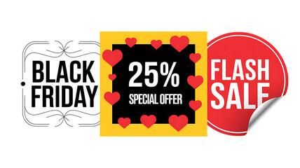 Black Friday Flash Sale Special Offer With Hearts And Percentage Discount graphic design &ldquo;3D Sale and Offer Labels Collection &ndash; Promotional Speech Bubbles & Ribbon Badges&rdquo;