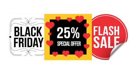 Black Friday Flash Sale Special Offer With Hearts And Percentage Discount graphic design “3D Sale and Offer Labels Collection – Promotional Speech Bubbles & Ribbon Badges”