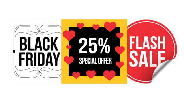 Black Friday Flash Sale Special Offer With Hearts And Percentage Discount graphic design “3D Sale and Offer Labels Collection – Promotional Speech Bubbles & Ribbon Badges”