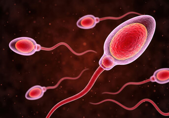 Multiple human sperm cells, including a prominent spermatozoon, viewed under a microscope, revealing their internal structures