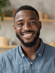 Fototapeta premium smiling cheerful young adult african american ethnicity man looking at camera standing at home office background happy confident black guy posing for headshot face front close up portrait no logos no