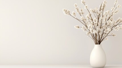 White vase holding tall flowering branches with many small blossoms against a neutral background