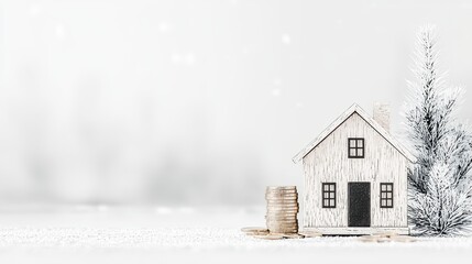 Miniature white wooden house model stands beside stacked coins against a bright snowy background