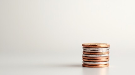 Stack of alternating copper and silver colored coins sits on a white surface with soft light