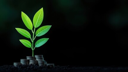 Young green sprout growing from stacks of silver coins on dark soil with black background
