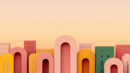 Stylized colorful cityscape with rounded architectural shapes against a soft gradient sky