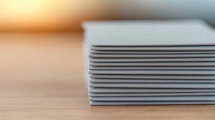 Stack of flat gray paper or cardboard sheets resting on a wooden surface with soft warm light