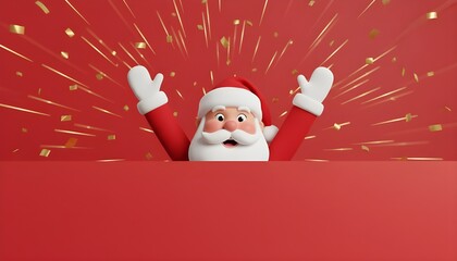 Excited Santa Claus with Confetti Burst Emerging from Red Banner