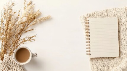 Overhead view of a coffee cup dried grass and blank spiral notebook on a white surface