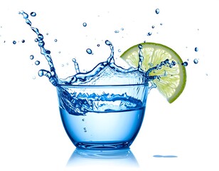 Glass of water with splash, slice of lime. Isolated on white background
