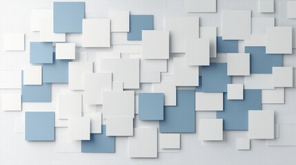Overlapping white and pale blue square panels create a modern textured three dimensional abstract background pattern