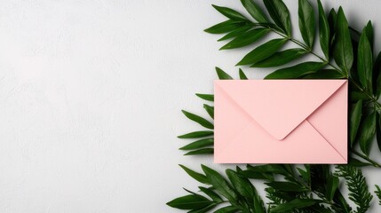 Pink paper envelope rests on a white textured surface bordered by vibrant green foliage