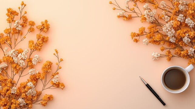 Overhead view of orange and white dried flowers with a cup of coffee and black pen on pale peach background