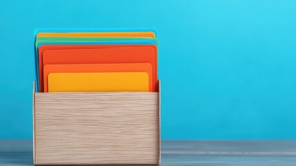 Wooden desktop organizer box holding vibrant stacked colorful file folders against a bright blue background