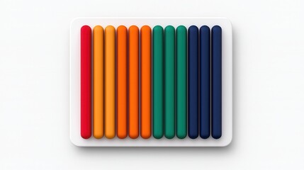Row of twelve brightly colored cylindrical objects arranged on a white rectangular tray top view