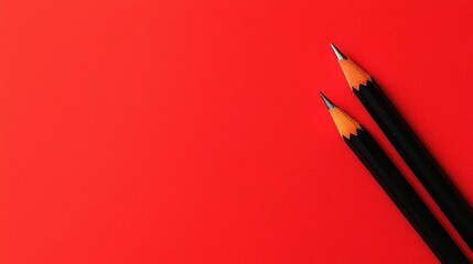Two sharp black pencils lie diagonally on a bright solid red background surface